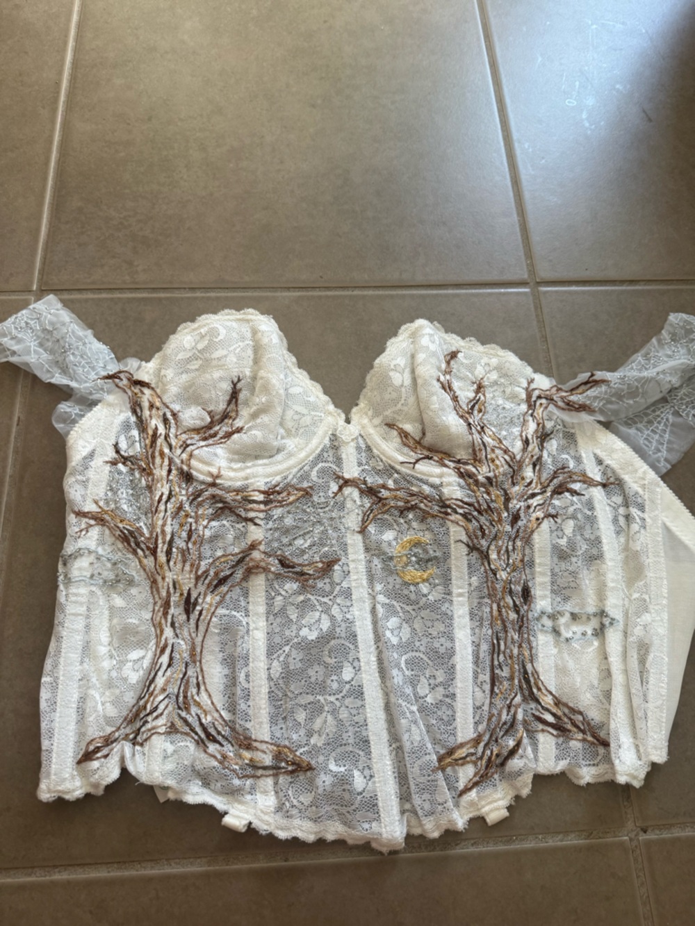 Ivory Lace Corset Bustier Top with Tree Embroidery